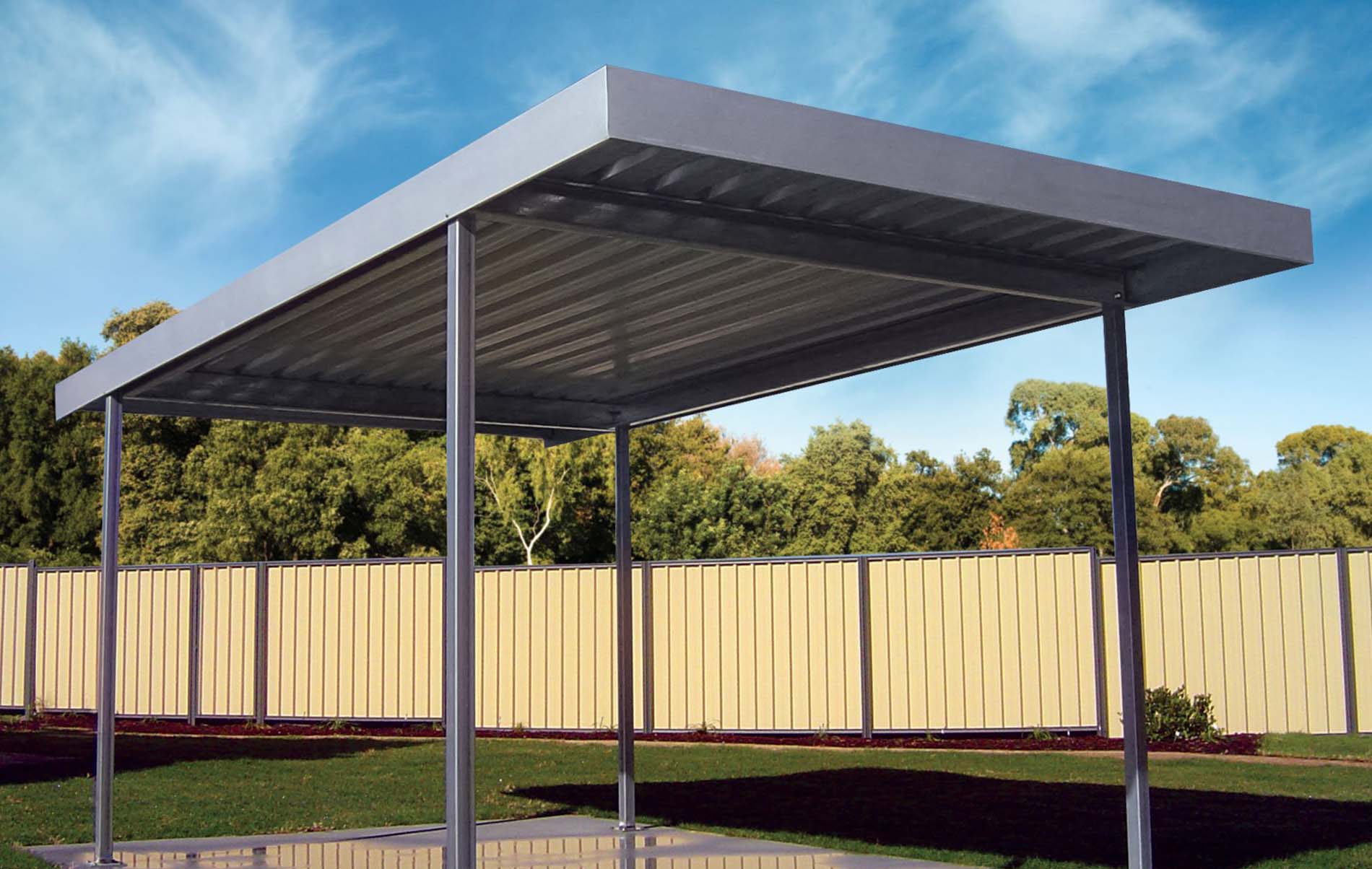 Flat roof carport with elegant lighting and streamlined architectural design