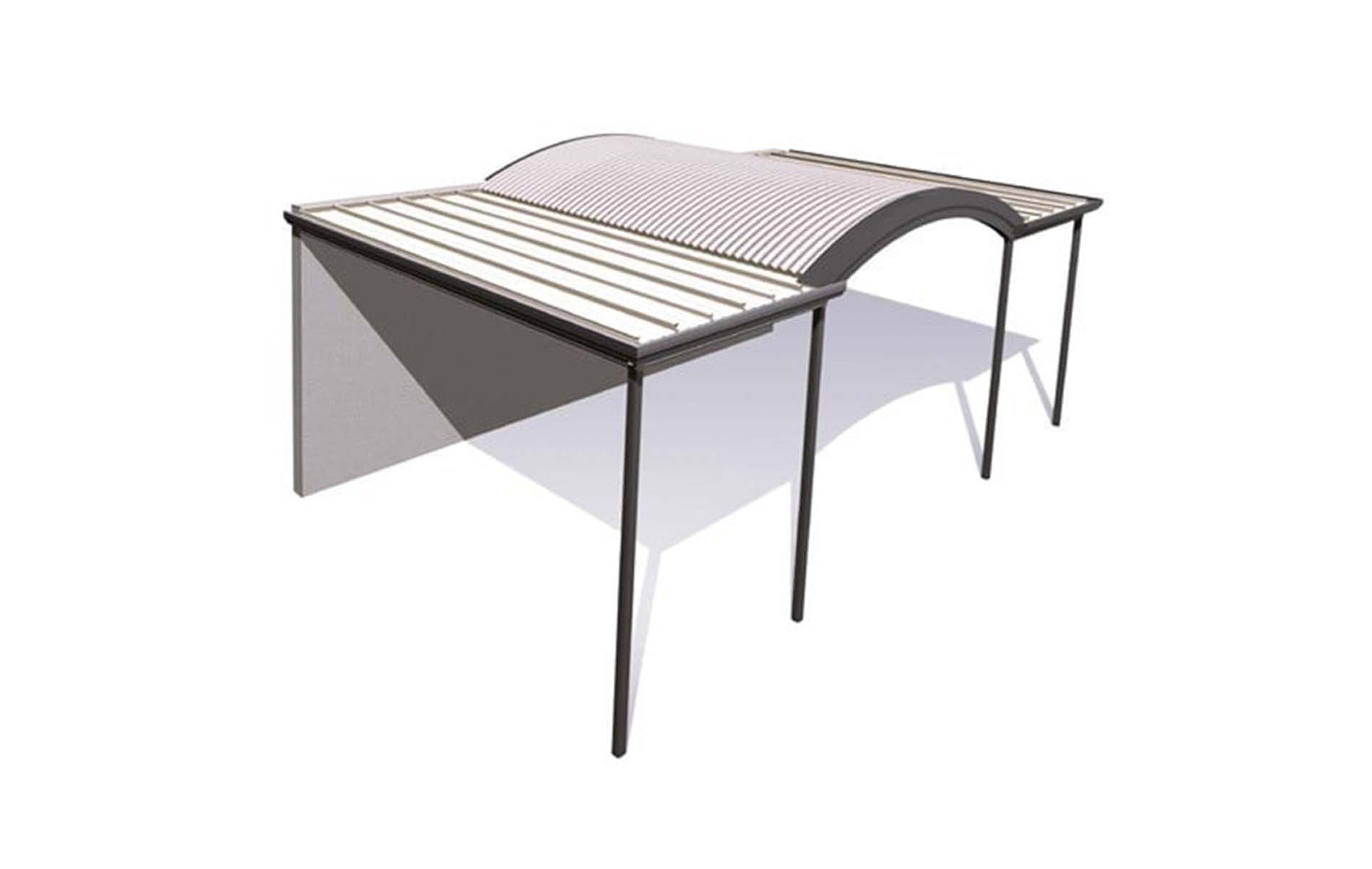 Technical drawing of curved patio roof structure with support beams and dimensions