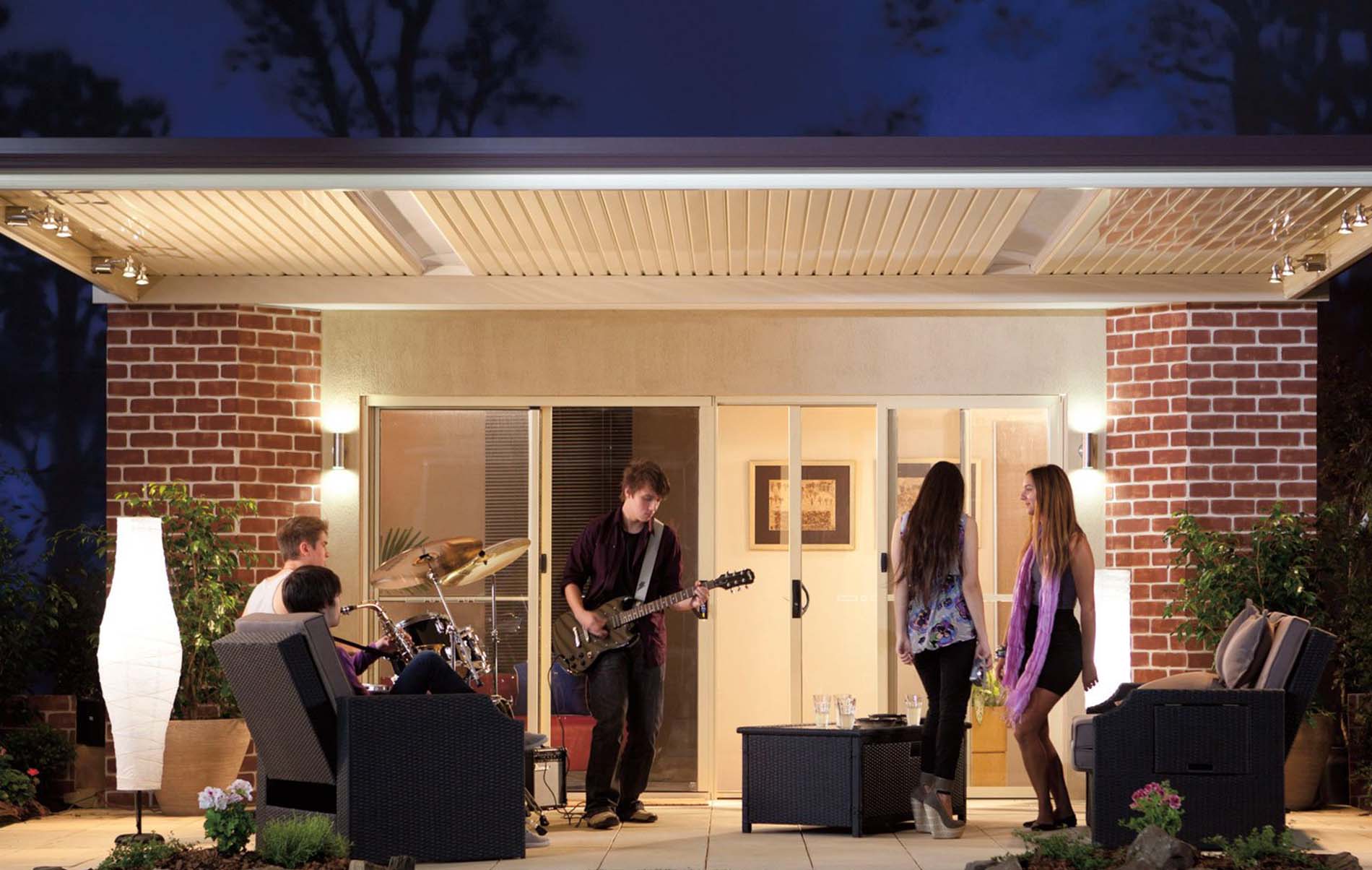 Sleek flat patio structure with high-gloss steel roof and timber accents