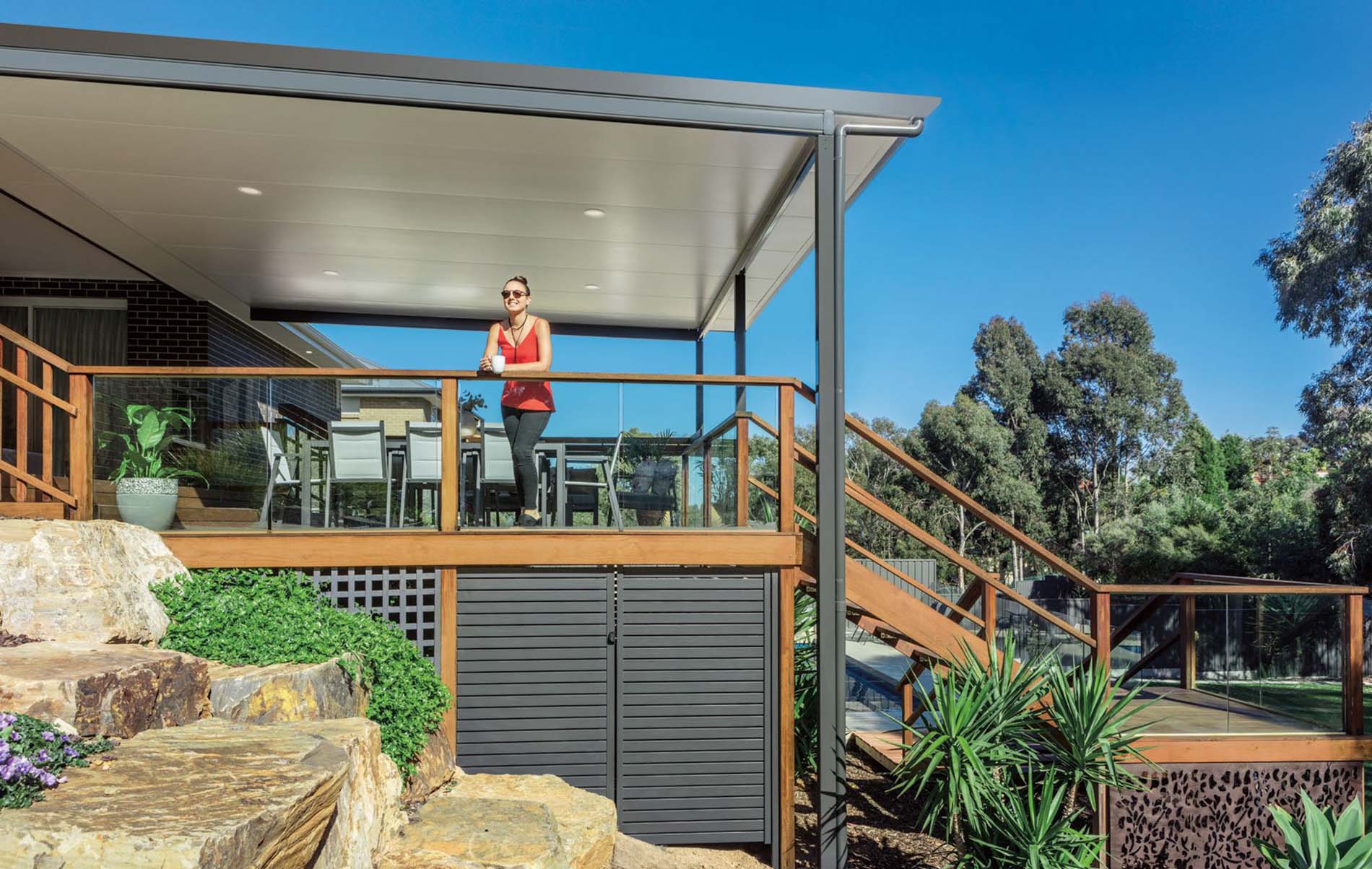 Spacious flat roof patio with integrated lighting and ceiling fan