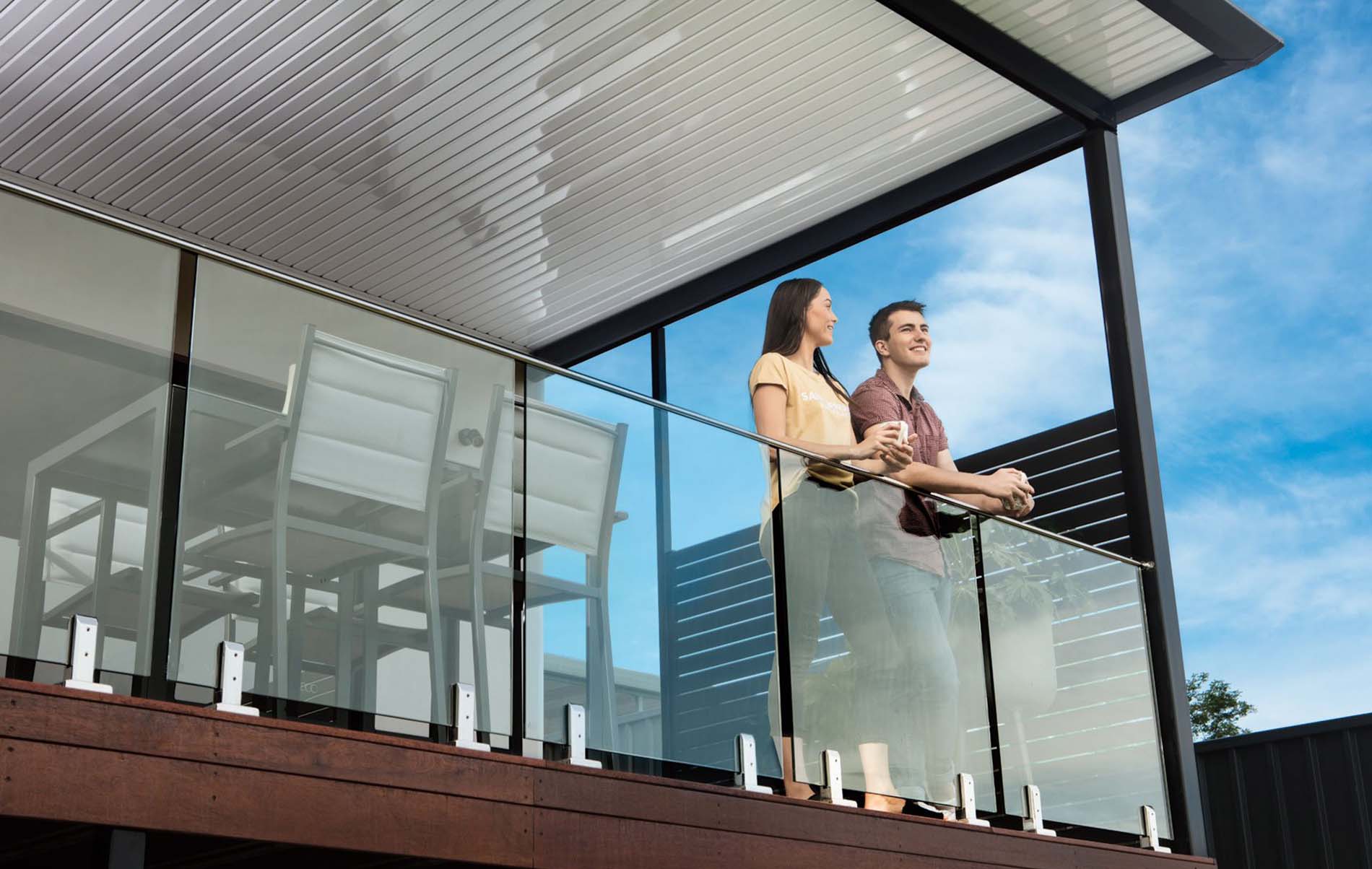 Modern flat roof patio with integrated lighting and timber-look posts