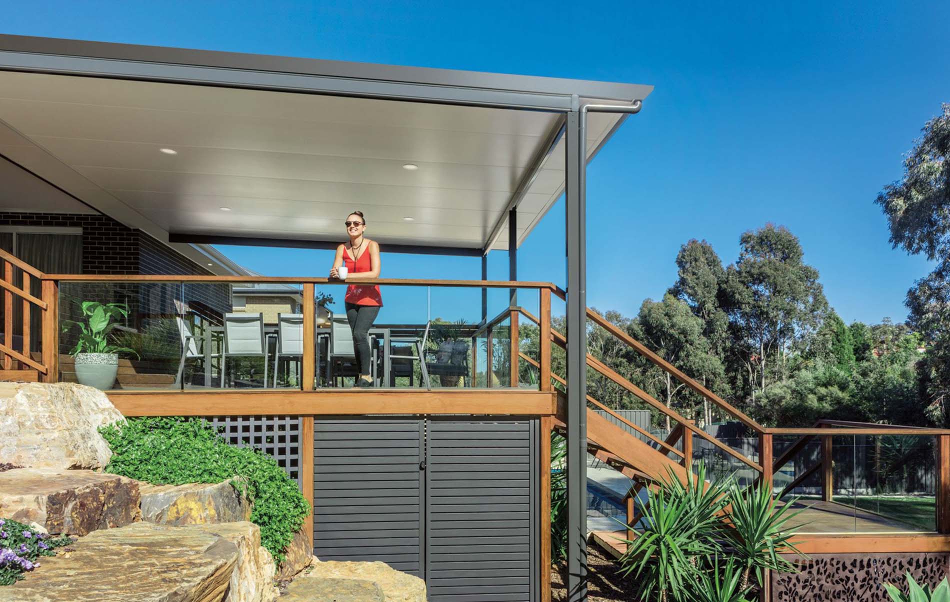 Close-up of Stratco Cooldek insulated roofing panels showcasing their smooth underside and sleek design.
