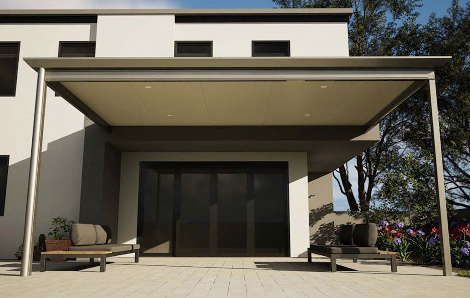 Underneath view of Stratco Cooldek flat roof patio, showcasing the integrated ceiling finish and lighting features.