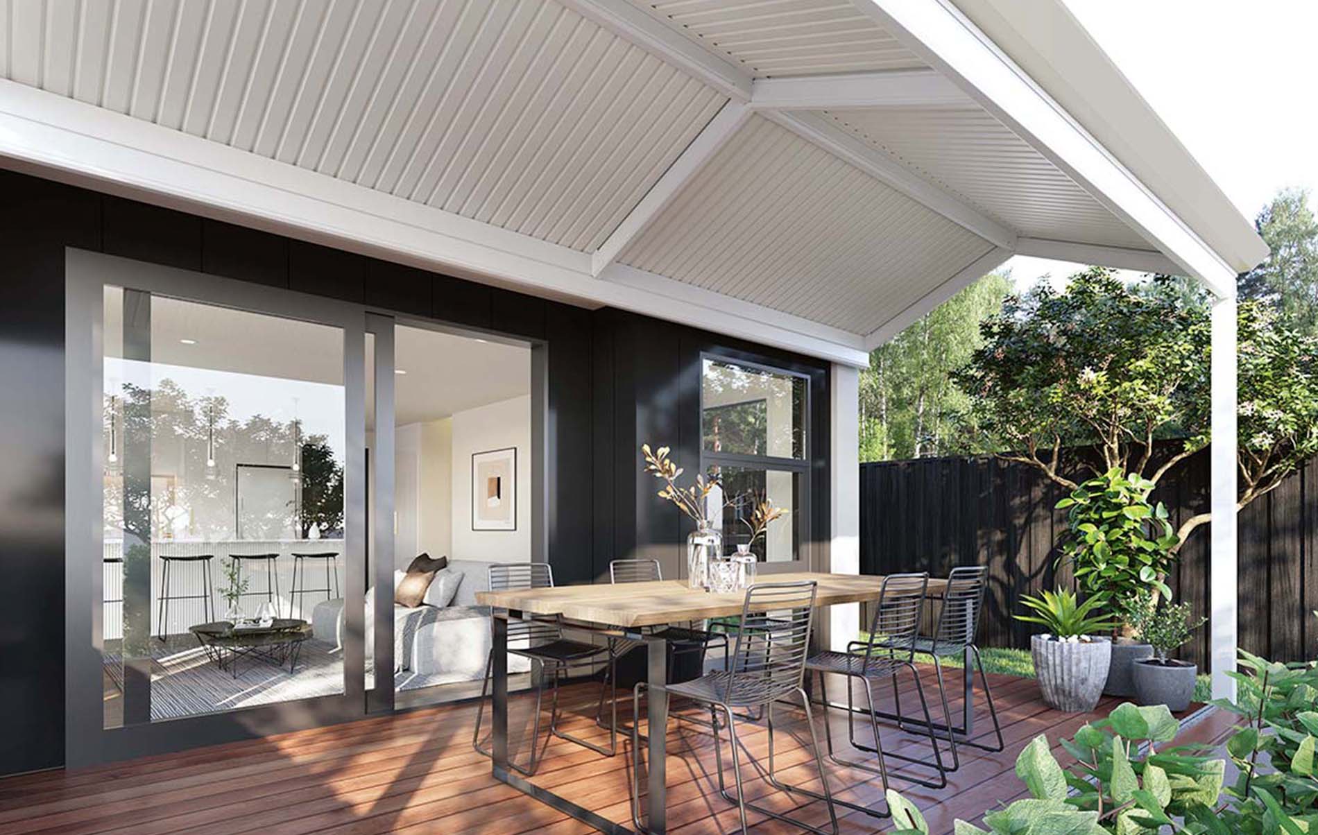 Custom gable patio with Colorbond roofing and integrated lighting
