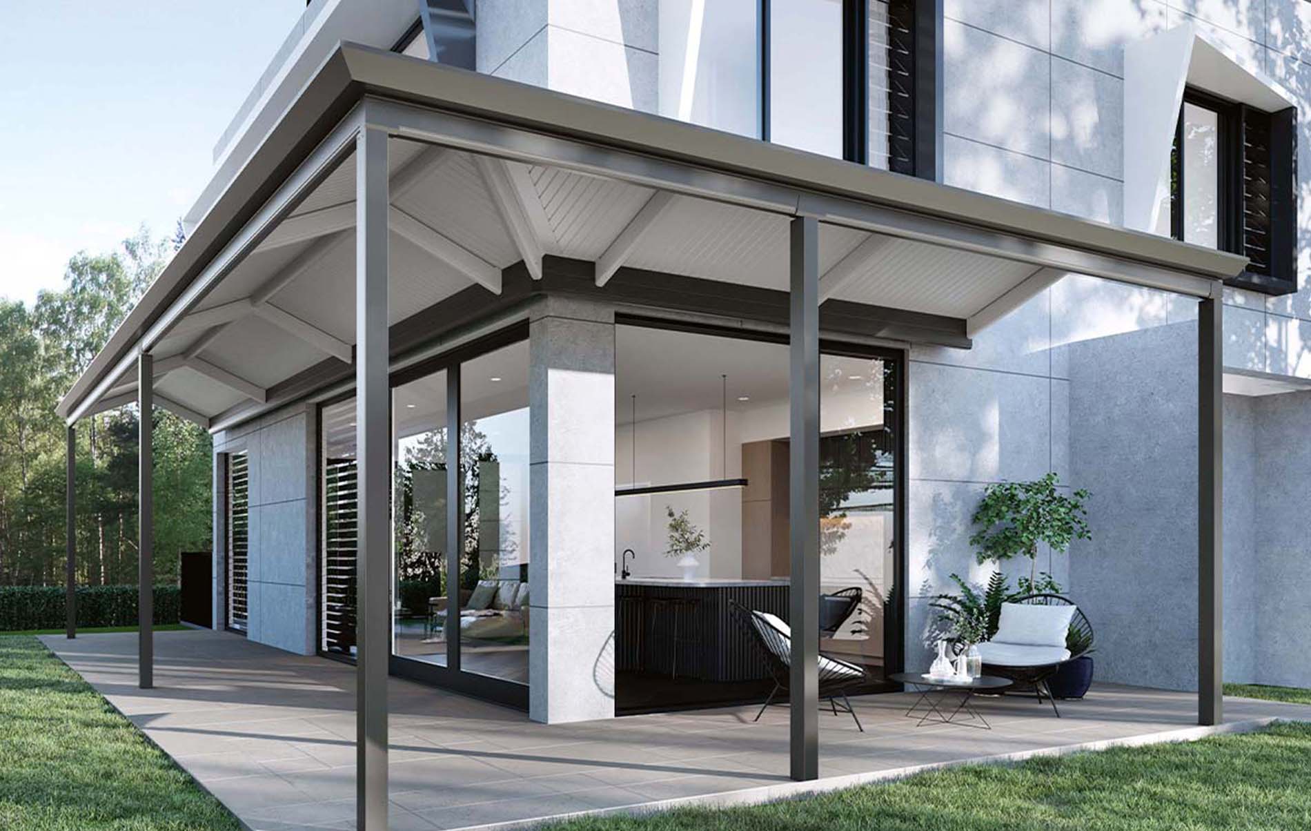 Modern gable patio with Dutch gable end and outdoor dining area