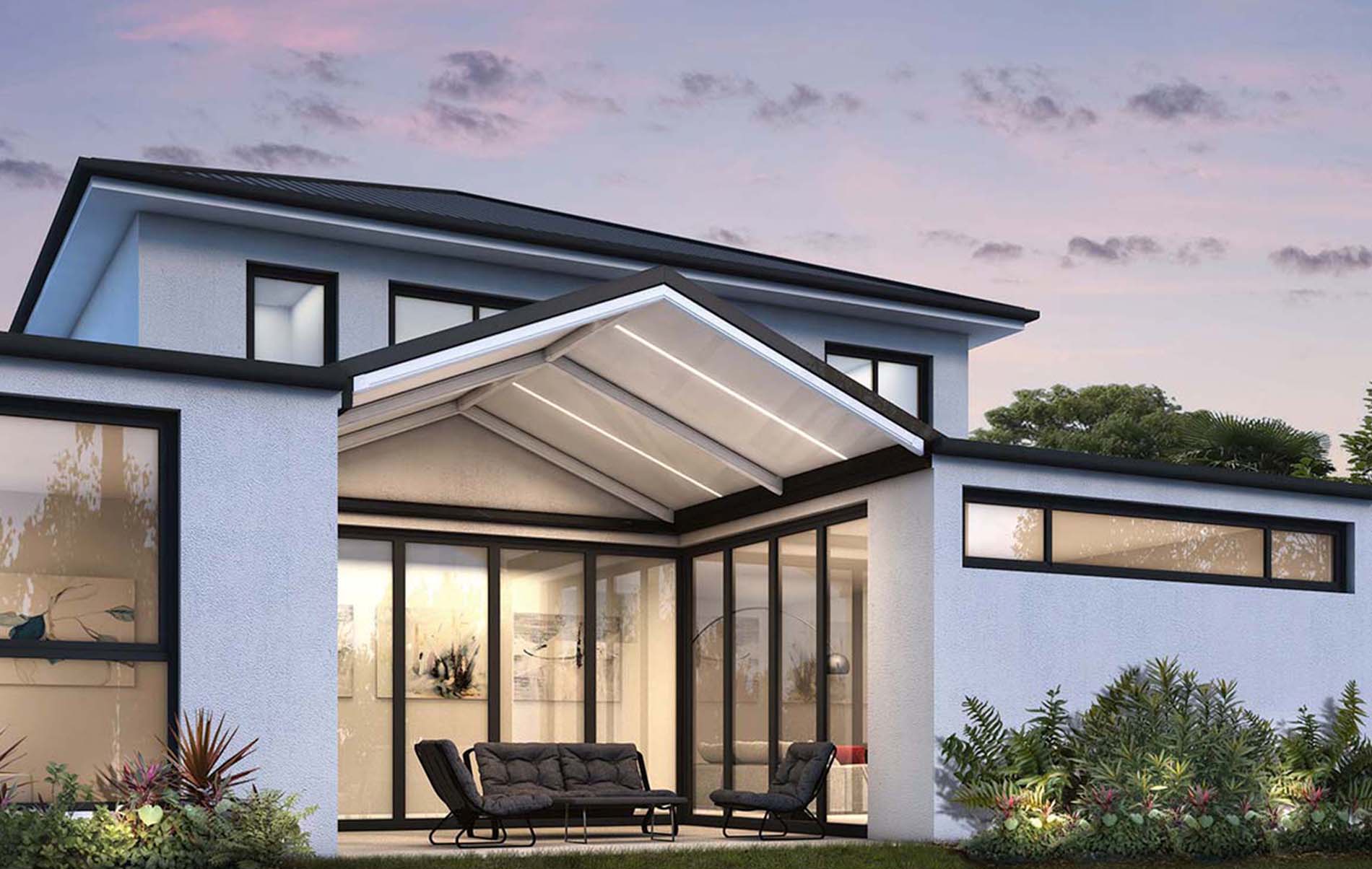 Gable patio featuring high-gloss steel beams and clear roofing panels