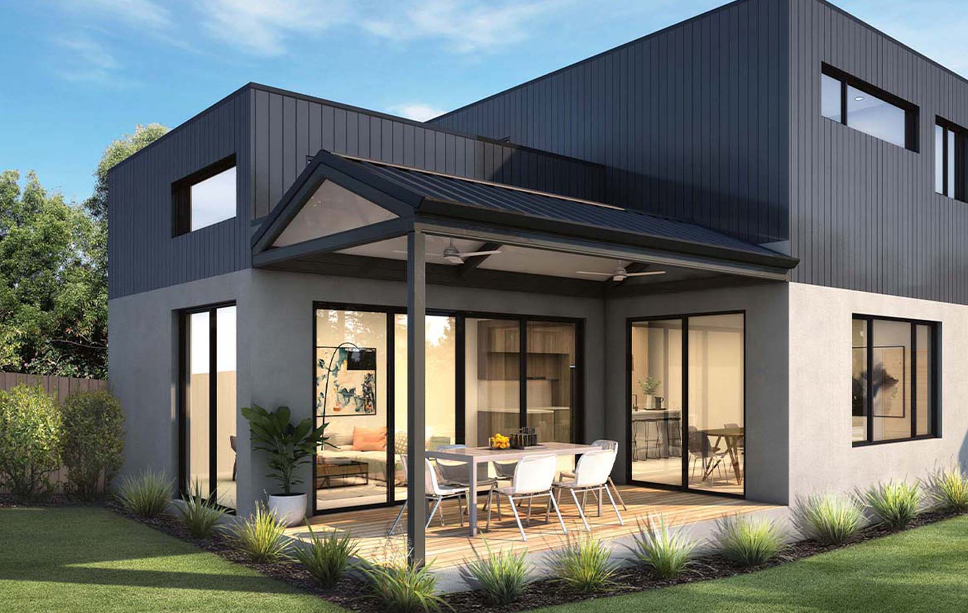 Custom gable patio with hip gable end and timber-look aluminium posts