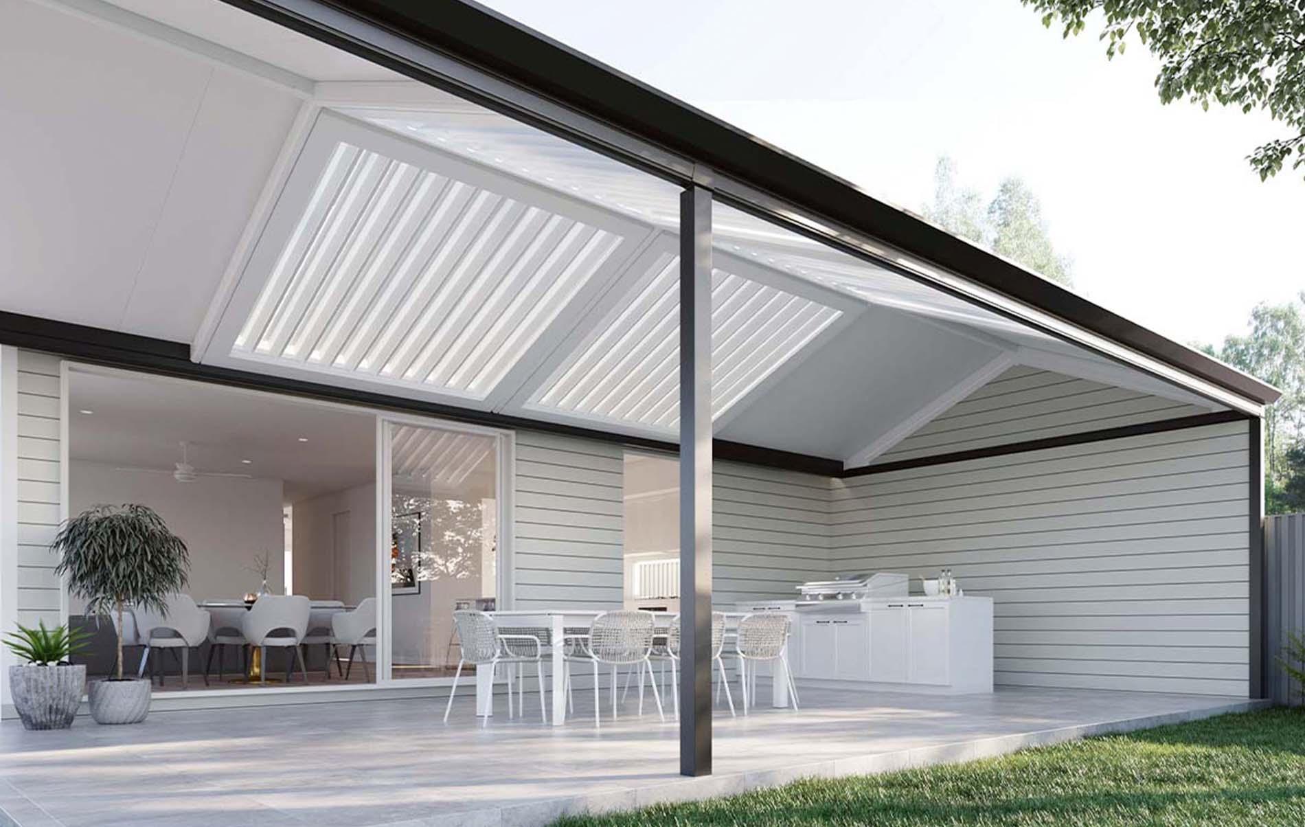 Gable patio with integrated lighting and Stratco Cooldek roofing
