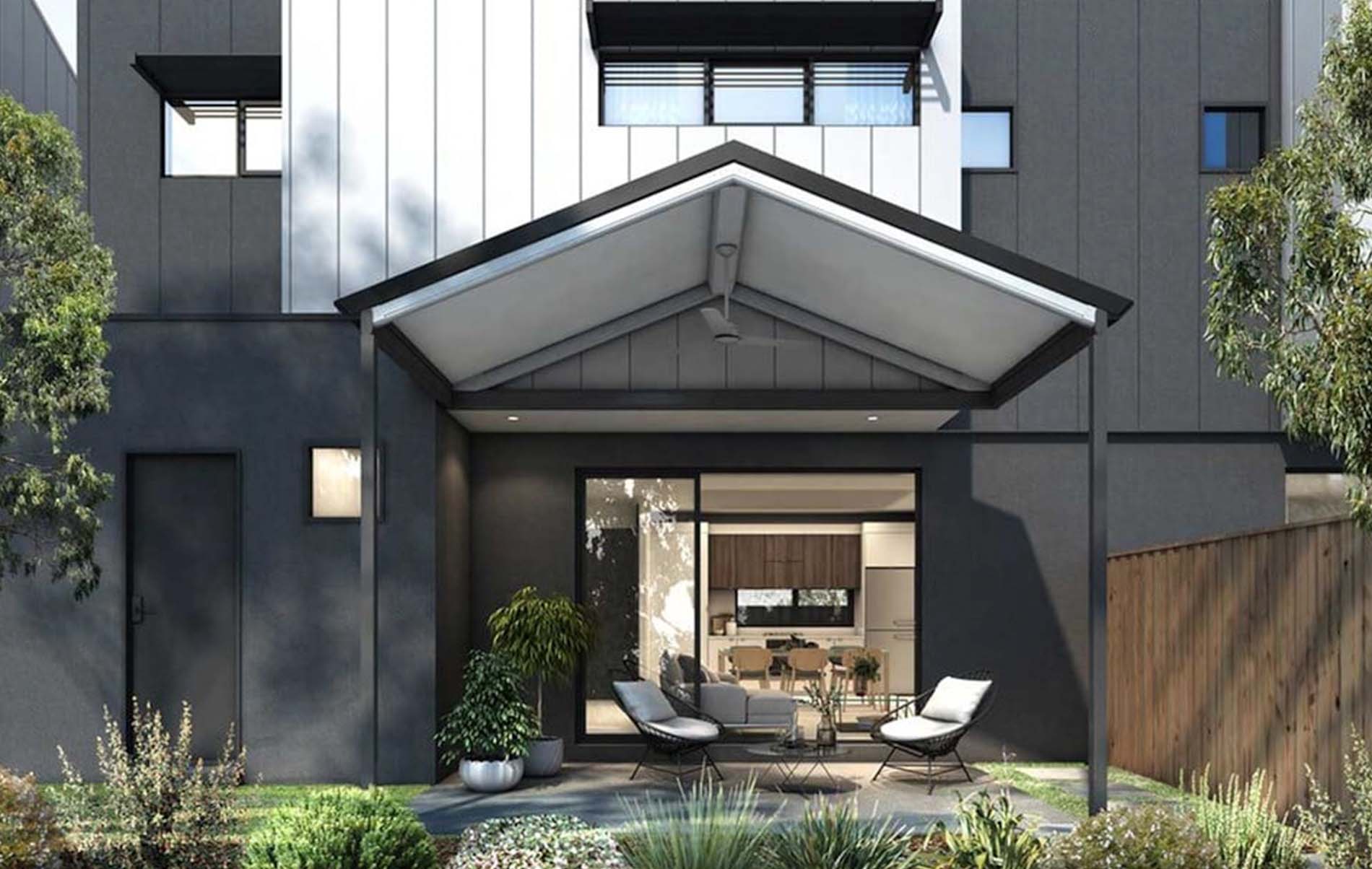 Elegant gable patio with gazebo-style gable end and outdoor lounge
